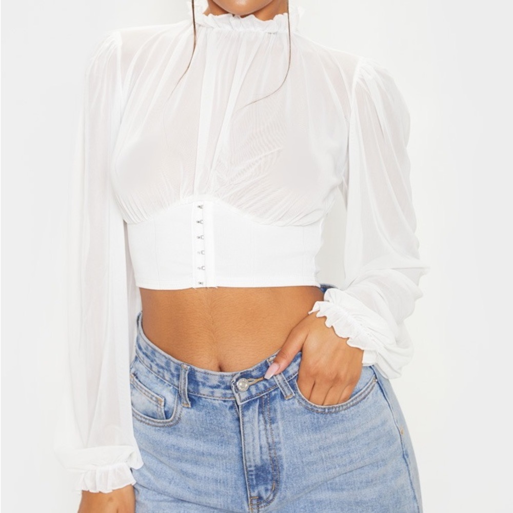 PRETTYLITTLETHING MESH HOOK & EYE UNDERBUST BLOUSE
